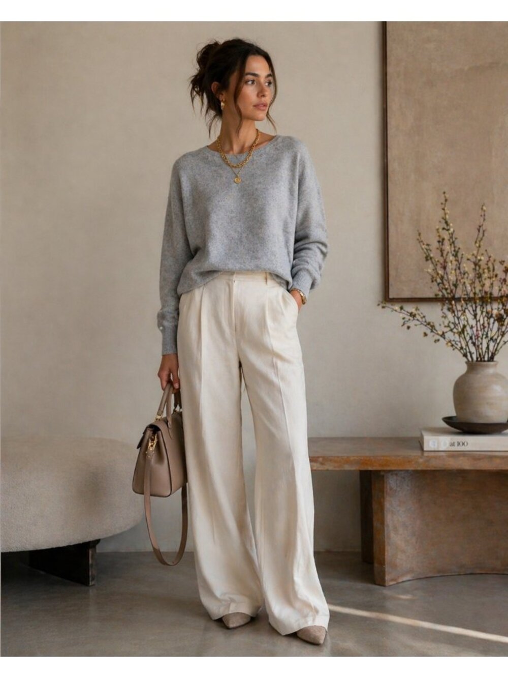 Le Kasha 100% Cashmere Sweater Gray M Women Crewneck Luxury Soft Knit Pullover